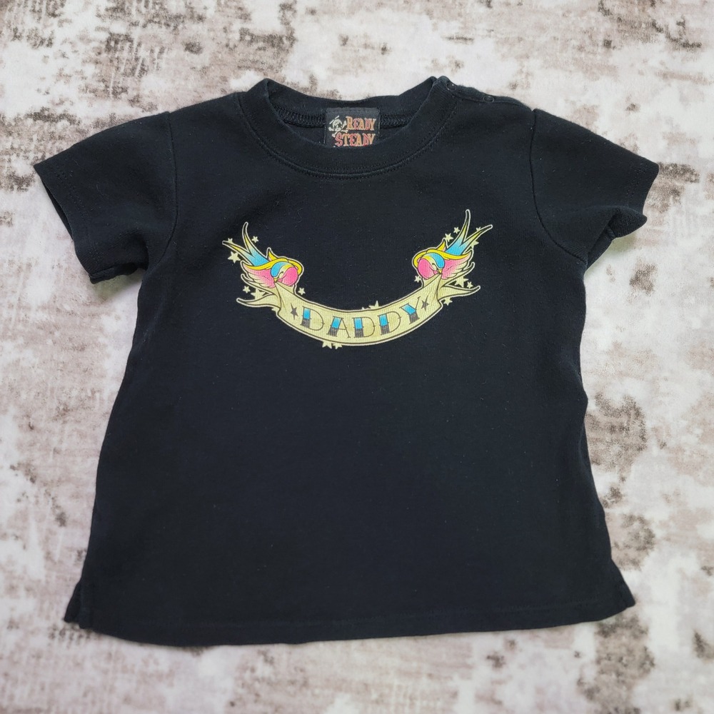 Ready Steady Baby Tee 18m Vintage Tattoo Style "DADDY" Y2K Ed Hardy Era Swallows